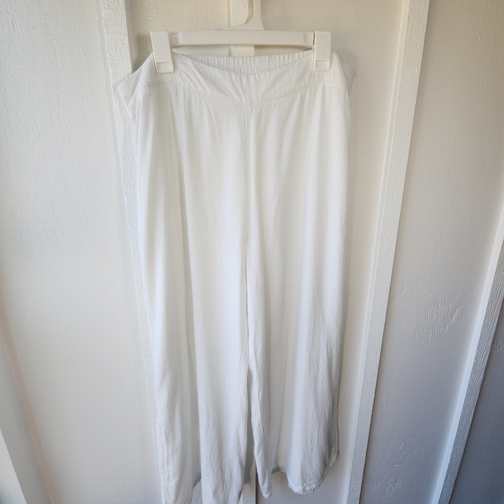 Soft Surroundings White Linen Blend Wide Leg Pant Pom Pom Slit Hem Lagenlook PXL